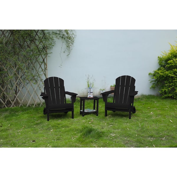 FIROMO Black Folding Composite Adirondack Chairs and Table (Set of 3), All-weather Fire Pit Chair, Patio Lawn Chair for Deck
