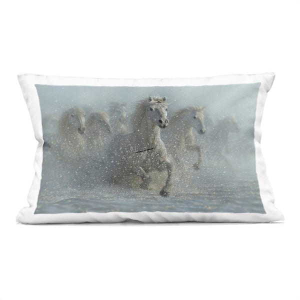 Running Wild Horses Splashing Gray Print Zipper Polyester 14 in. X 20 in. Throw Pillow