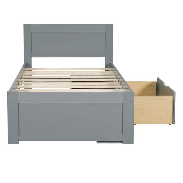 Antique Gray Wood Frame Twin Size Platform Bed with Drawer and 2-Shelves