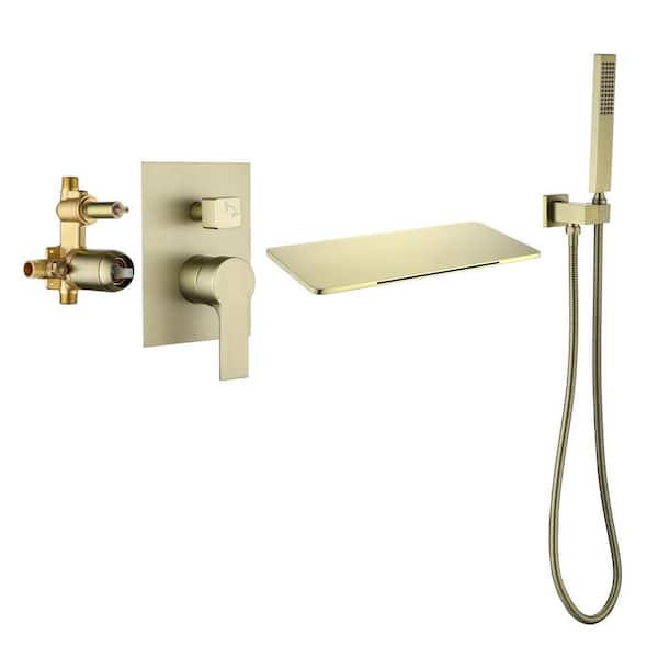 Poo Single-Handle Wall Mount Roman Tub Faucet with Hand Shower in Brushed Gold (Valve Included)
