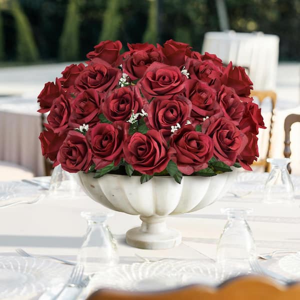 14 in. Burgundy Red Artificial Open Rose Flower Stem Bush Bouquet (Set of 12)
