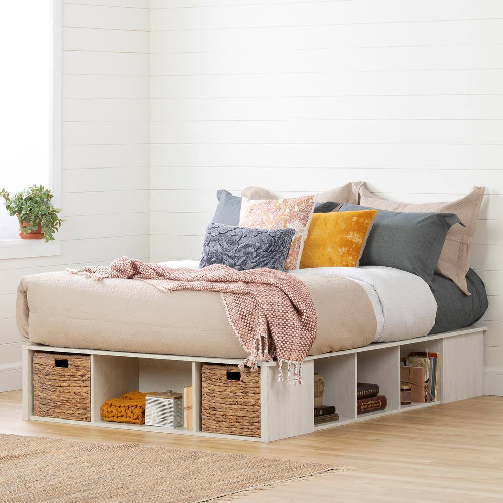 Full Winter Oak Upholstered Storage Bed with Rattan Baskets
