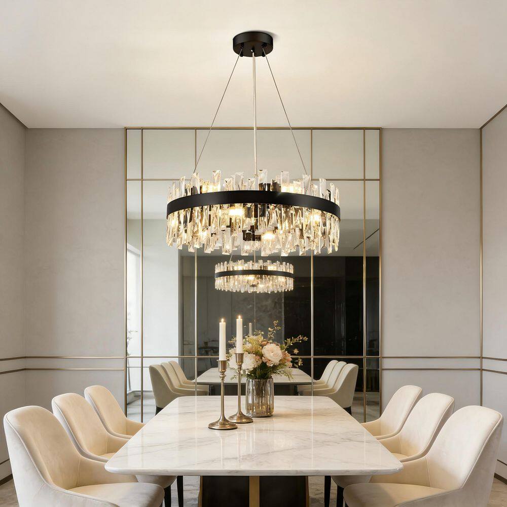 12-Light Modern Black Round Crystal Chandelier, 23.62 in. Ceiling Hanging Light Fixture for Kitchen Island, Dining Room price history on PriceWatchPro