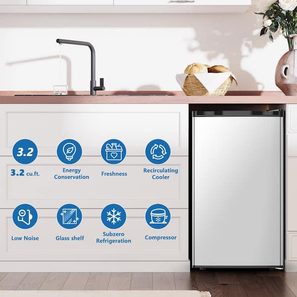 17.52 in. 3.2 cu. ft. Mini Refrigerator with Freezer, Removable Glass Shelf Reversible Door in Silver