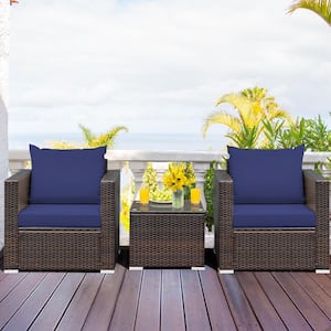 Brown 3-Piece Wicker Patio Conversation Set with Navy Cushions and Coffee Table