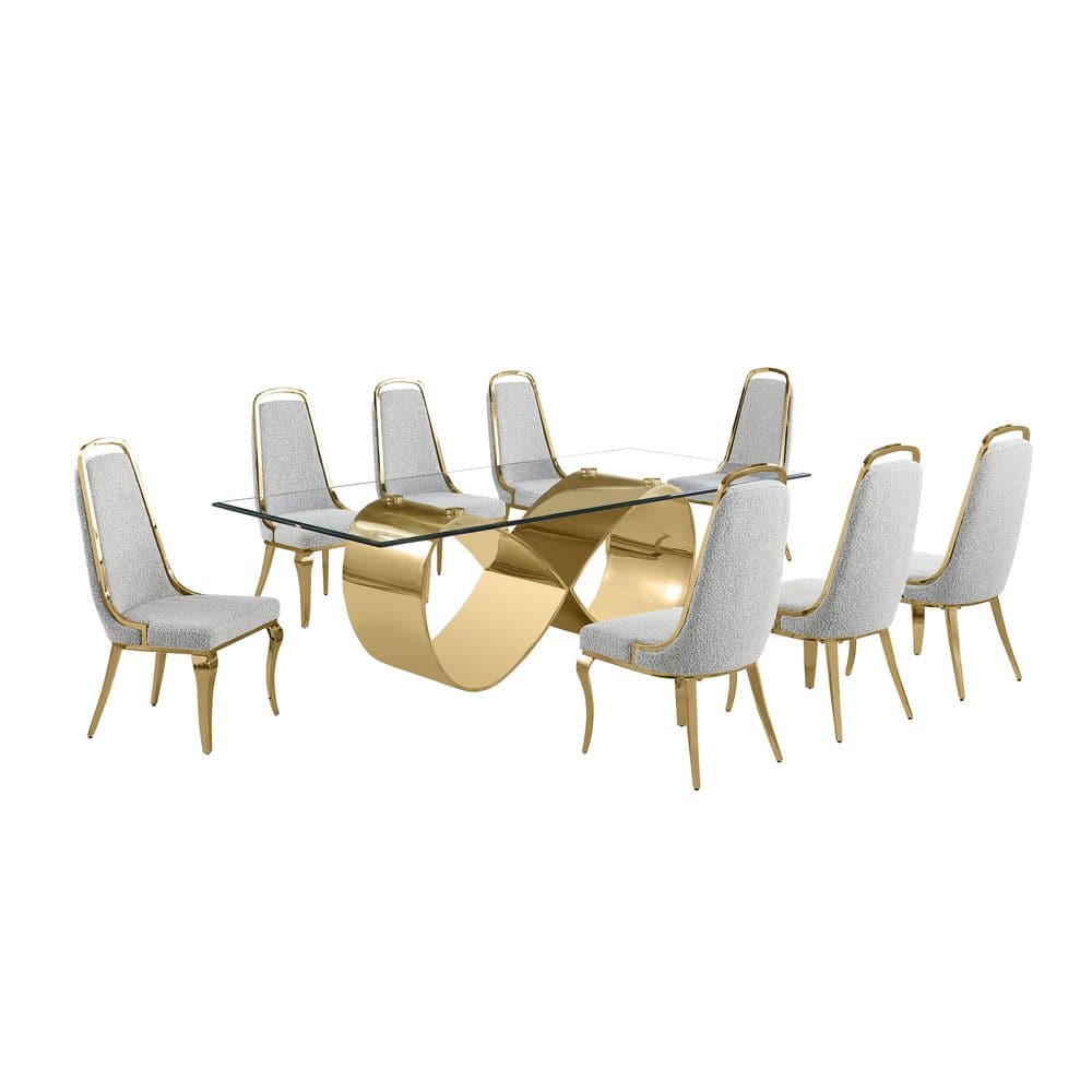 Celia 9-Piece Gold Stainless Steel and Gray Boucle Fabric Dining Set with Clear Glass Top