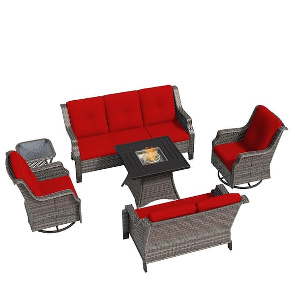 6-Piece Wicker Outdoor Patio Fire Pit Seating Sofa Conversation Set with Swivel Rocking Chairs and Red Cushions