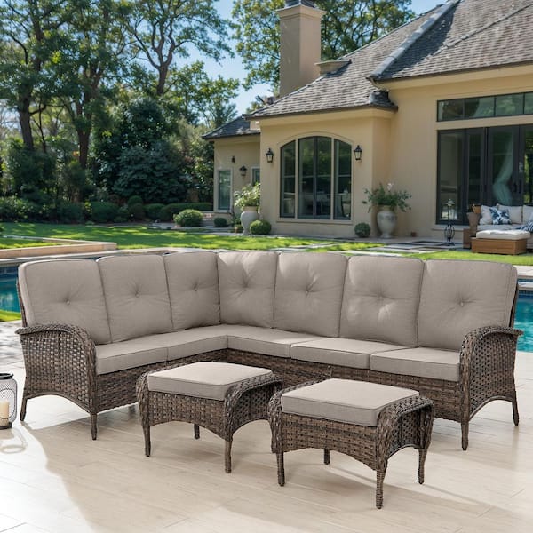 Gymojoy Carlos Brown 4-Piece Wicker Outdoor Sectional Set with Beige Cushions, Ottomans