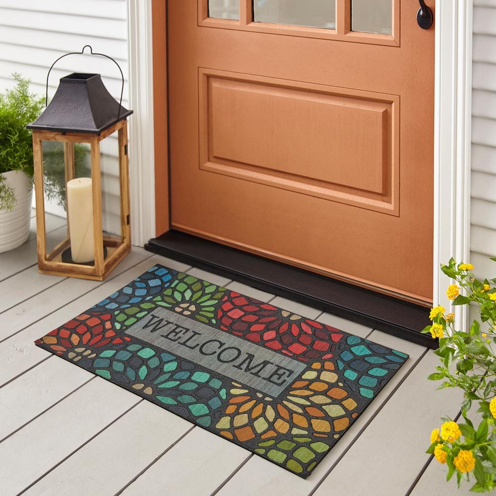 Multicolor Stained Glass Floret Welcome Outdoor Mat