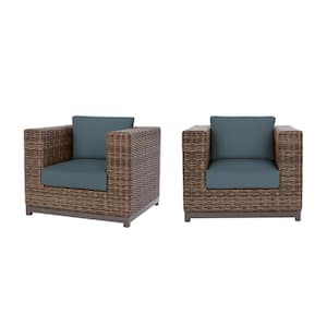 Fernlake Brown Wicker Outdoor Patio Stationary Lounge Chair with Sunbrella Denim Blue Cushions (2-Pack)