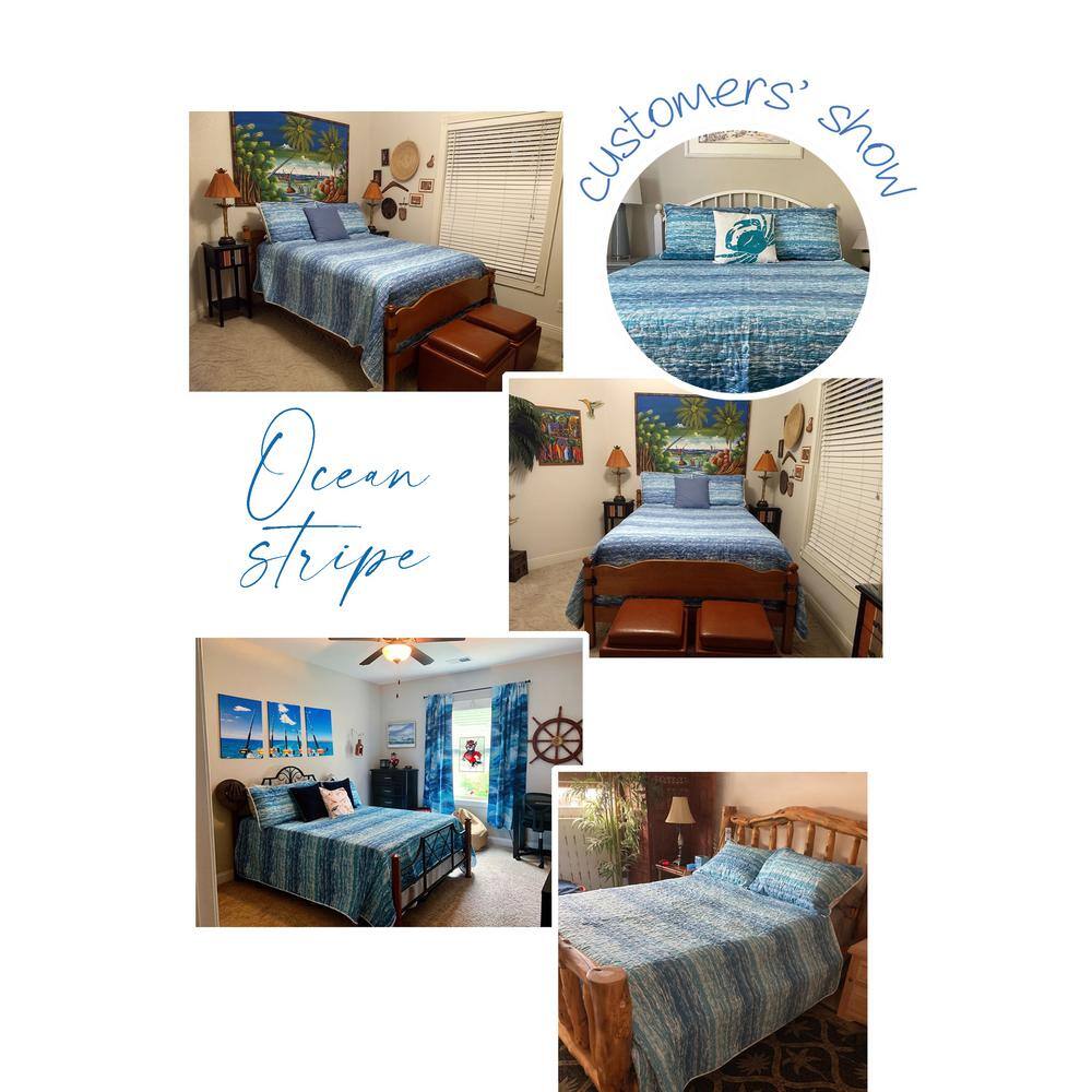 Ocean Stripe Blue Cotton Twin Quilt Bedding Set
