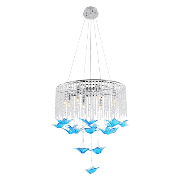 OUKANING 8-Light Silver and Blue Modern Crystal Round Chandelier with Adjustable Height for Living/Dining Room, No Bulbs Included
