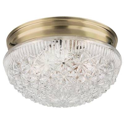 2-Light Ceiling Fixture Antique Brass Interior Flush-Mount with Clear Faceted Glass