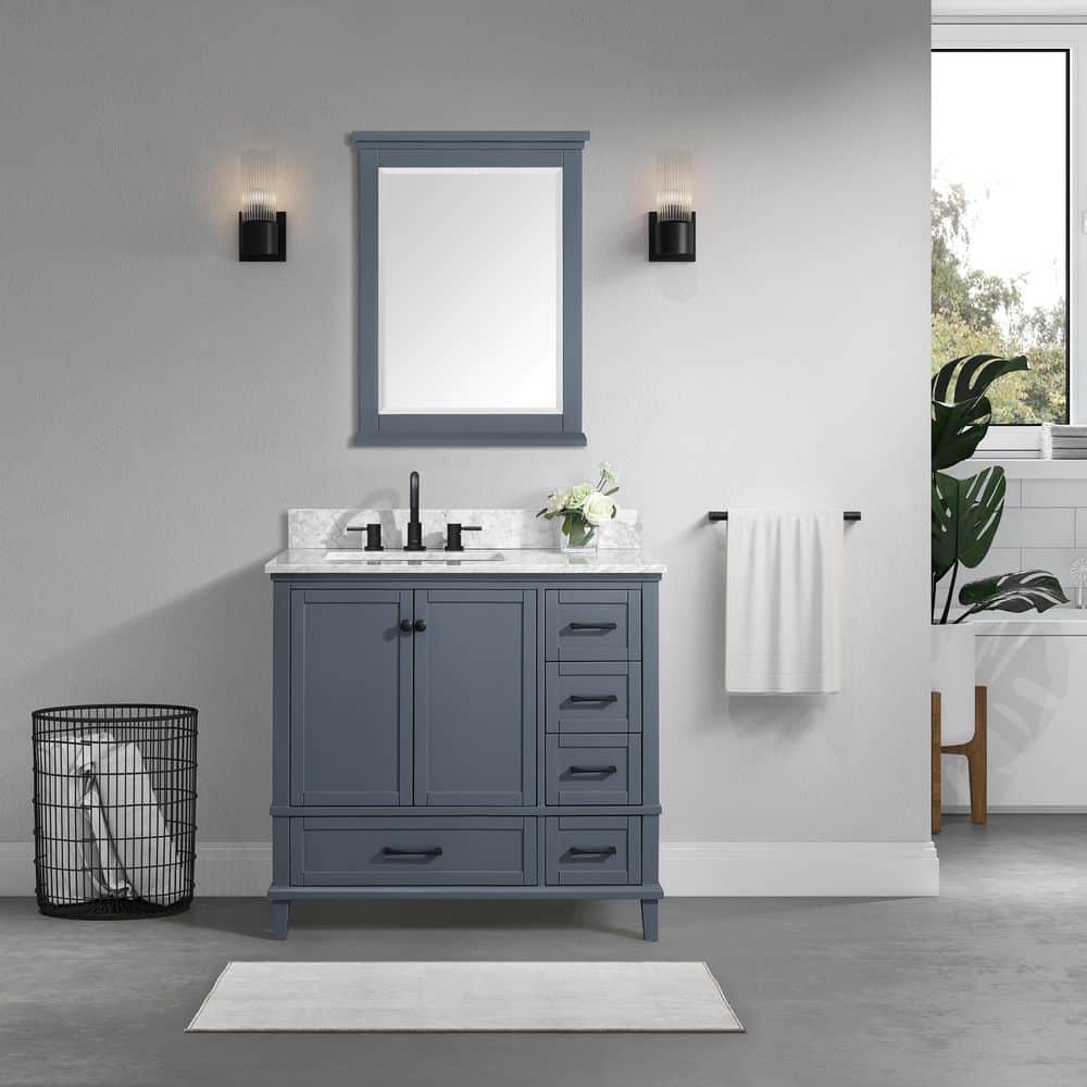 Home Decorators Collection Merryfield 37 in. W x 22 in. D x 35 in. H Single Sink Freestanding Bath Vanity in Dark Blue-Gray with Carrara Marble Top