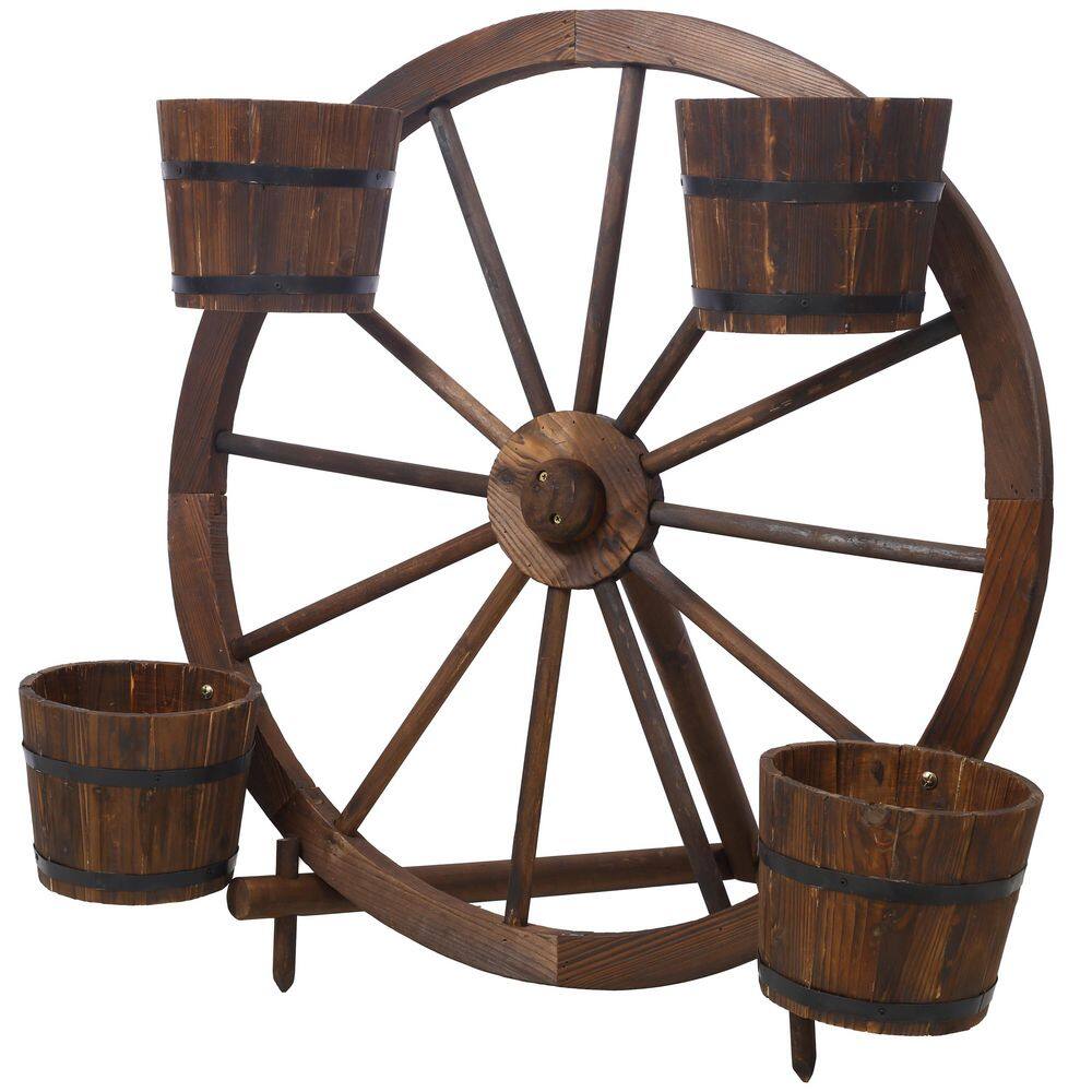 Brown Wood Classic Wagon Wheel Barrel Planter Display