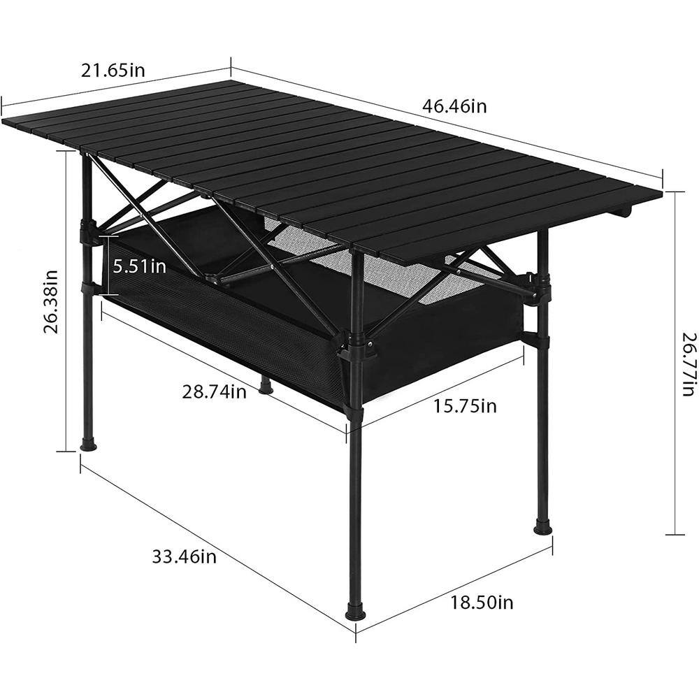 46.5" Black Aluminum Roll-Up Camping Table with Mesh Storage