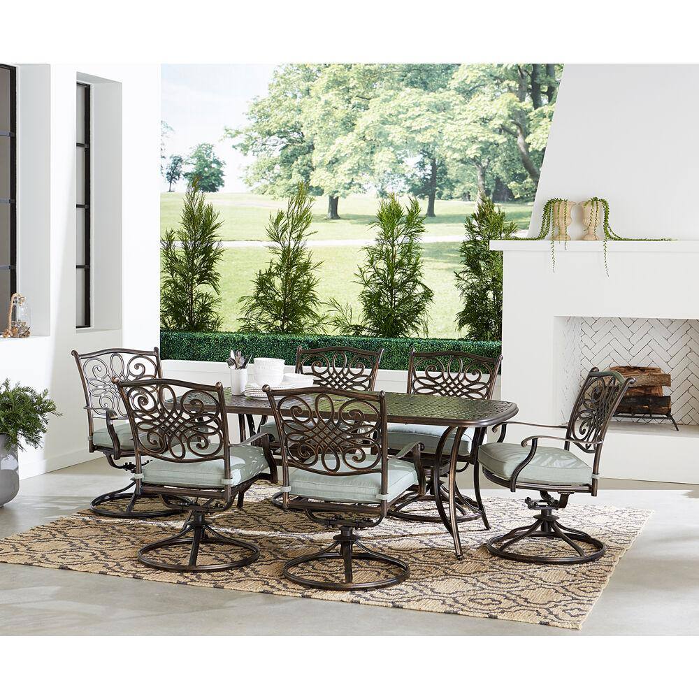 Elegant 7-Piece Mist Blue Cast-Aluminum Patio Dining Set with Swivel Rockers