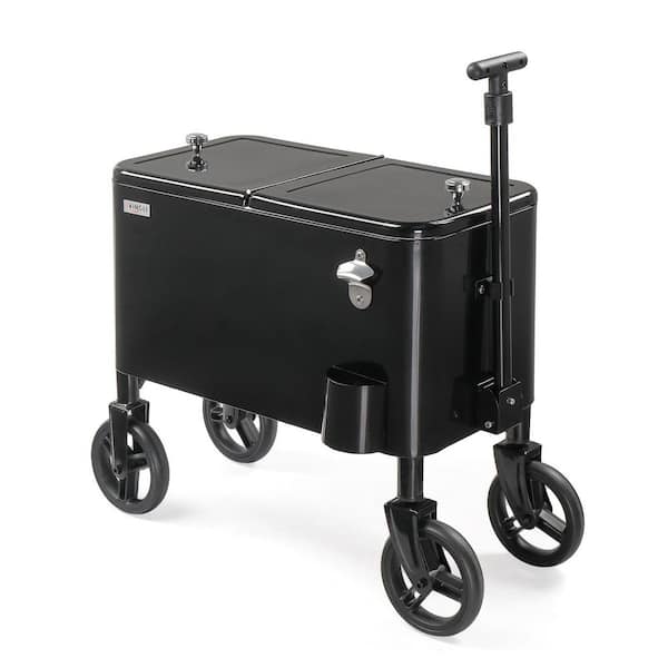 60 qt. Wagon Rolling Cooler Ice Chest, Patio Cooler with Long Handle and 6.6 in. Wheels, Portable Beach Cart on Wheels