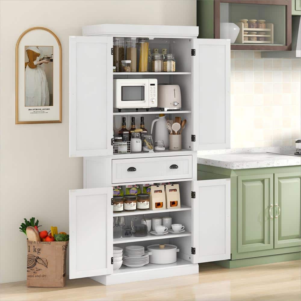 7-Shelf White Pantry Storage Cabinet with Doors Drawer and Adjustable Shelv