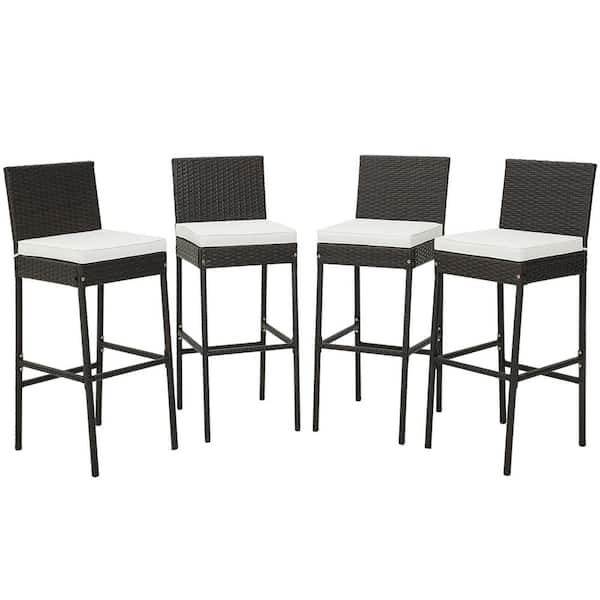 Costway 4-Pieces Wicker Outdoor Bar Stools Bar Height Chairs with Off White Cushions Backyard