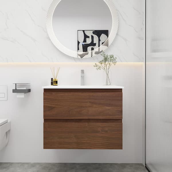 Unbranded 30 in. W x 18 in. D x 20 in. H Single Sink Wall Mounted Bath Vanity in Brown Oak with White Resin Top
