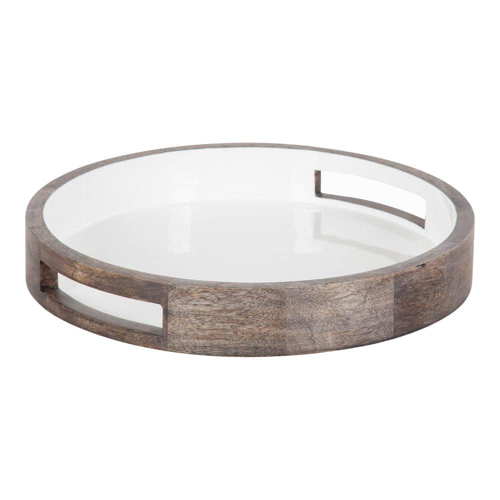 Graywash and White Round Mango Wood Tray with Handles