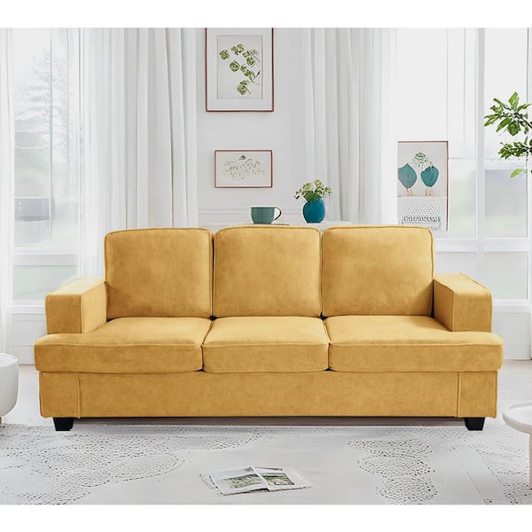Beauti 84 in. Wide Square Arm Velvet Modern Rectangle Sofa in. Musterd Yellow