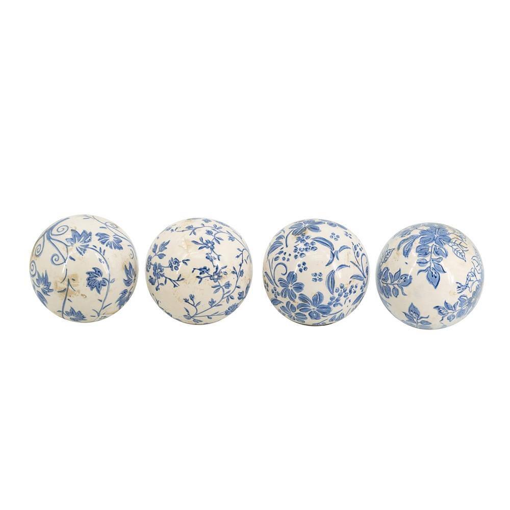 Blue and White Floral Ceramic Decorative Balls Set of 4