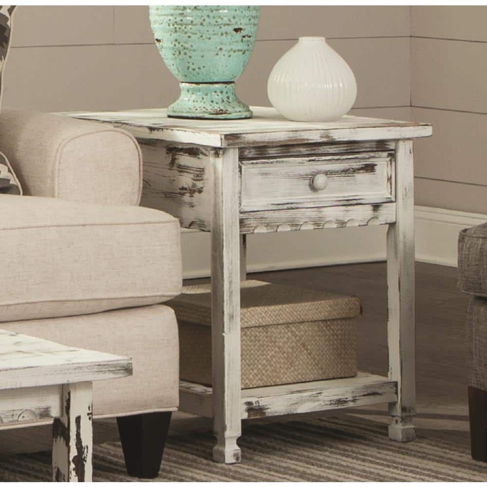 Rustic White Wood and Metal End Table with Storage