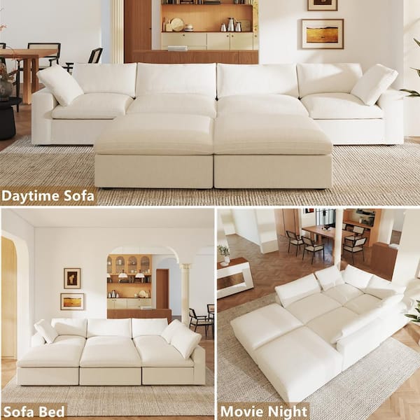 157 in. Square Arm 6-Piece Linen U-shaped Sectional Sofa Cloud Couch in White with Storage Ottomans