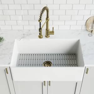 Matte Stone White Composite 33 in. Single Bowl Flat Farmhouse Kitchen Sink with Faucet in Gold, Strainer and Grid