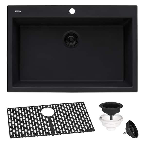 Ruvati epiGranite 23 in. Drop-in Topmount SIngle Bowl Kitchen Sink in Midnight Black Granite Composite