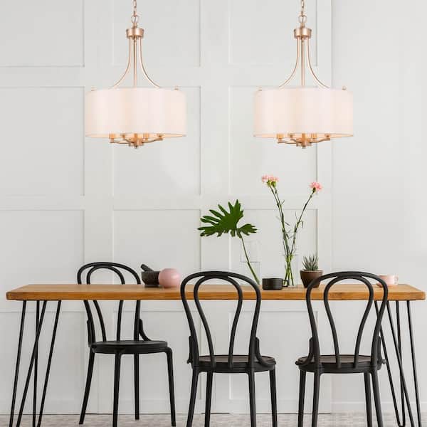 Modern 4-Light Gold Chandelier with Farmhouse Fabric Shade Classic Drum Pendant Dining Room Island Ceiling Light