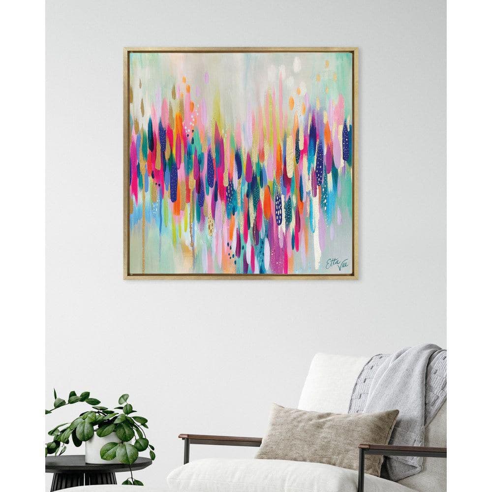 Colorful Abstract Brushstroke Canvas Wall Art with Gold Frame, 30x30