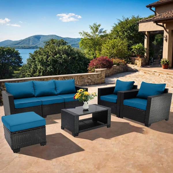Unbranded 7-Piece Deep Coffee Wicker Outdoor Sectional, Rattan Patio Set with Peacock Blue Cushions, Ottoman and Coffee Table