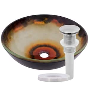 Occaso Hand Painted Multicolor Glass Round Vessel Sink with Pop-Up Drain in Brushed Nickel
