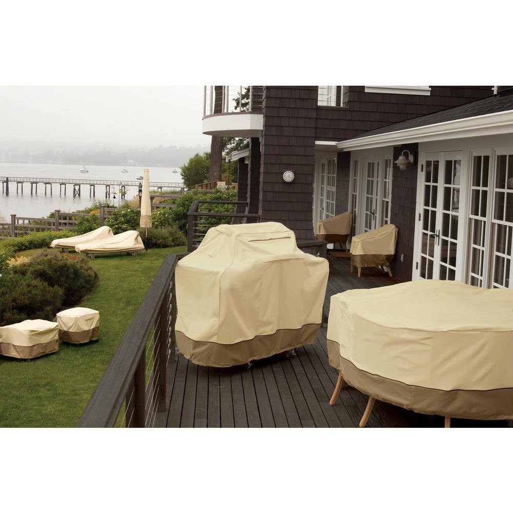 Large Tan and Brown Polyester Kamado Grill Cover with Elastic Closure