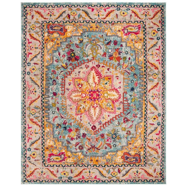 Phoenix Turquoise/Beige 10 ft. x 14 ft. Border Floral Medallion Persian Area Rug