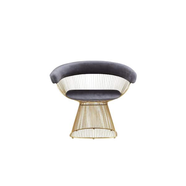 Benjara Gray and Gold Velvet Armchair with Peacock Metal Base