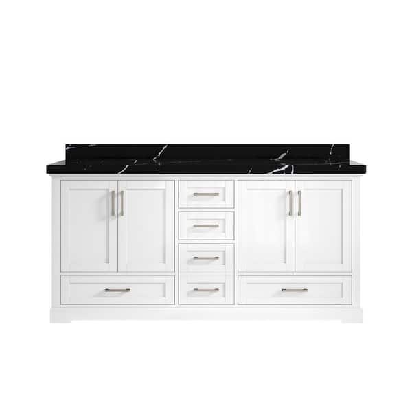 Willow Collections Boston 72 in. W x 22 in. D x 36 in. H Double Sink Bath Vanity in White with 2 in. Calacatta Black Qt. Top