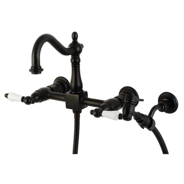 Kingston Brass Heritage 2-Handle Wall Mount Kitchen Faucets with Brass Sprayer in Matte Black