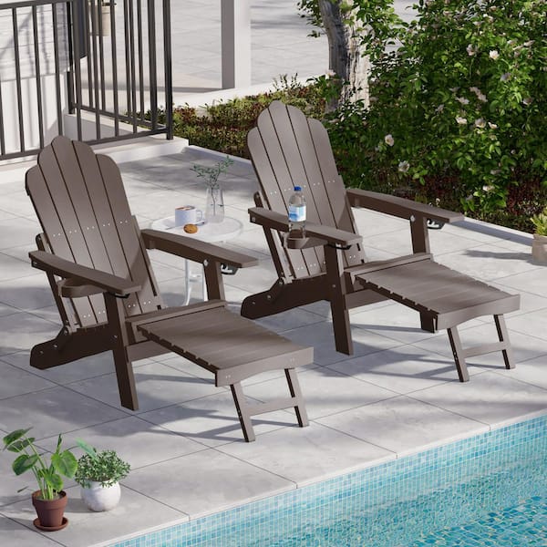 JOYESERY Brown Folding Adirondack Chair with Retractable Ottoman, HIPS Adirondack Chair with Cup Holder (Set of 2)