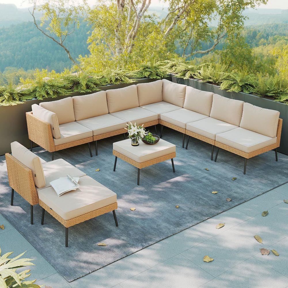 10-Piece Modular Outdoor Patio Furniture Set, All-Weather PE Rattan Sectional Sofa with 3-in-1 Ottomans & Beige Cushions