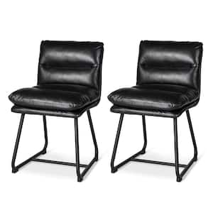 Mid-Century Modern Black Thick Leatherette Dining Chair with Metal Legs (Set of 2)