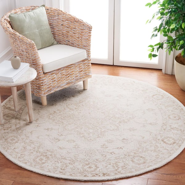 Metro 6 ft. x 6 ft. Beige/Ivory Ornate Border Round Area Rug