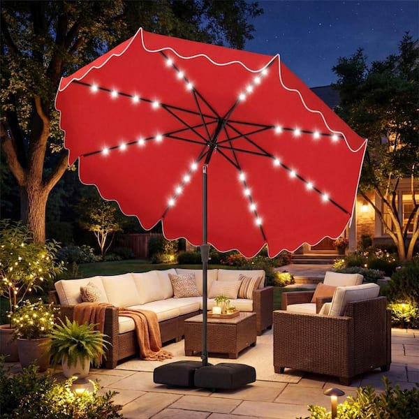 Clihome 10 ft. Solar LED Market Patio Umbrella in Red with 32 Lights Weighted Base and Sandbags CL-NP8WNHY108 - The Home Depot Clihome 10 ft. Solar LED Market Patio Umbrella in Red with 32 Lights Weighted Base and Sandbags CL-NP8WNHY108 - The Home Depot