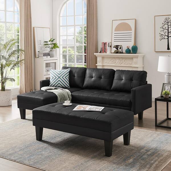 Magic Home 80 In W Black Faux Leather L Shape Sectional Sofa Queen Size Bed Chaise Lounge With Ottoman Bench Cs Gs002351aae Bed Sofa Chaise Lounge, Black Sofa Bed Sectional