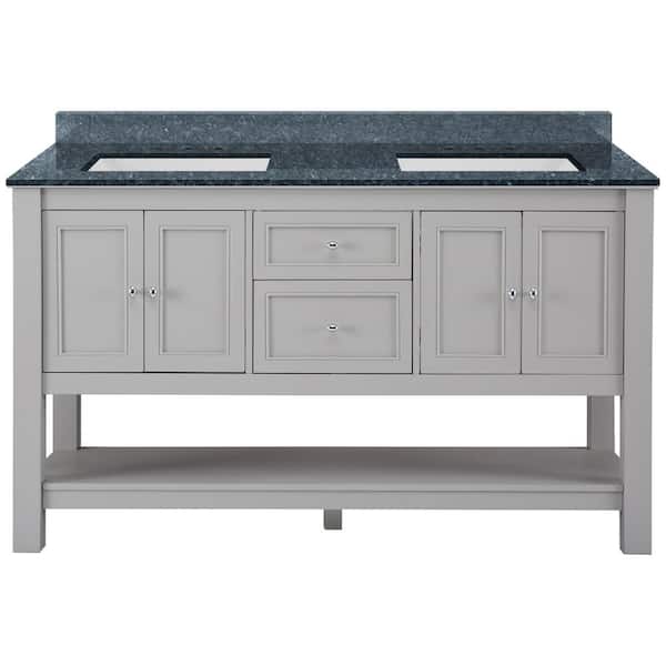 Home Decorators Collection Gazette 61 in. W x 22 in. D x 35 in. H Double Sink Freestanding Bath Vanity in Gray with Blue Pearl Granite Top