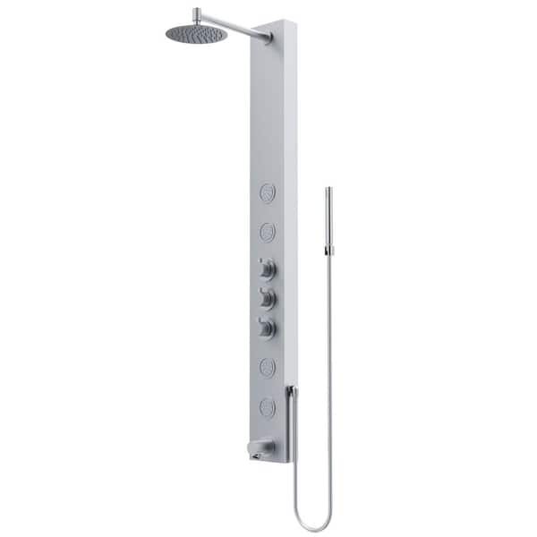 Bowery 59 in. H x 6 in. W 4-Jet Shower Panel System with Round Head, Tub Filler and Hand Shower Wand in Stainless Steel