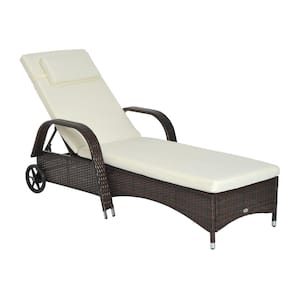 Mixed Brown Outdoor Plastic Rattan Wicker Outdoor Chaise Lounge Chair with Height Adjustable Backrest and White Cushion